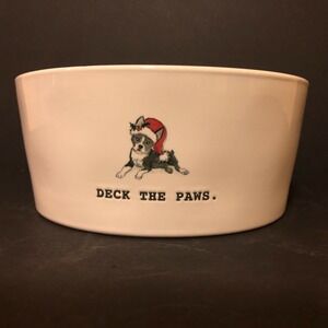 Rae Dunn Christmas DECK THE PAWS Type Set Red Interior Large Dog Bowl NEW